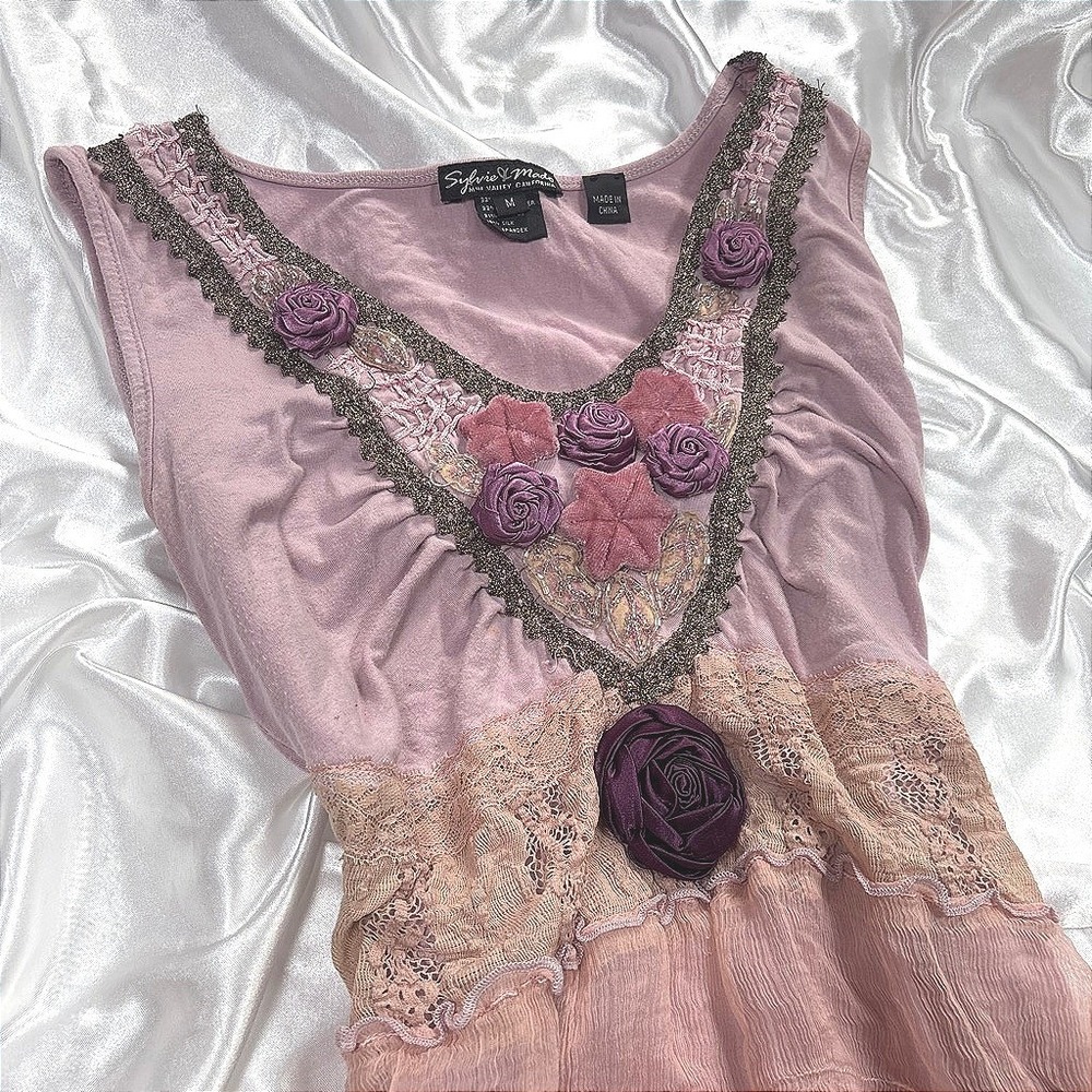 y2k Sylvie & Mado Top Pink Silk Blend Rosette Lace Tiered Fairycore